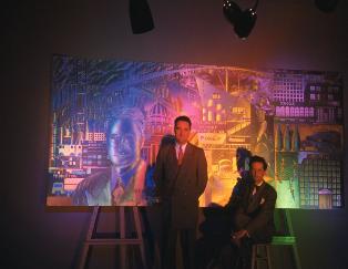 Bel-Jon and Christopher with mural under colored lights